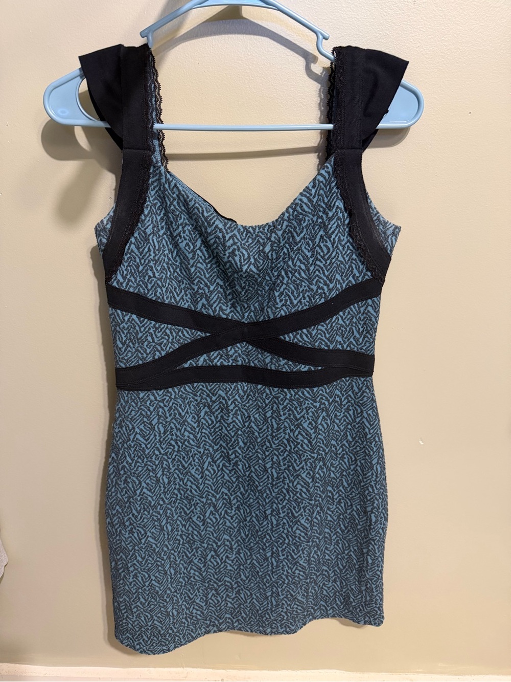 Free People Blue Patterned Mini Dress with Black Trim